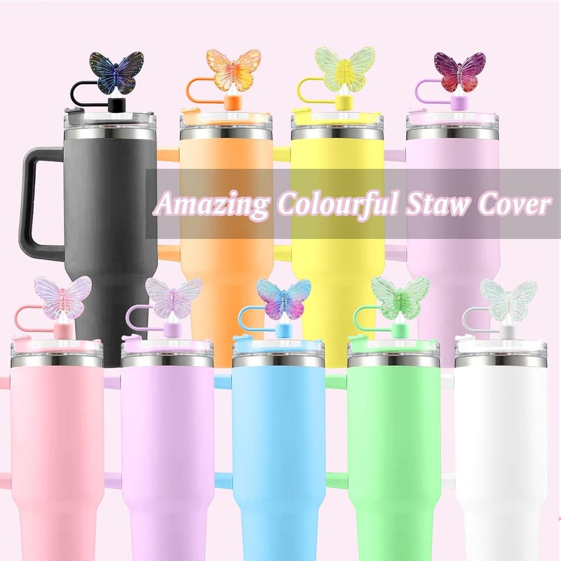 SEMATA 9PCS Cute Butterfly Straw Cover Cap for Stanley Cup Accessories,Bling Straw Toppers for Stanley Tumbler 40&30 oz,Reusable Straws Tips Protectors Compatible with 10mm Straws Topper - Image 3